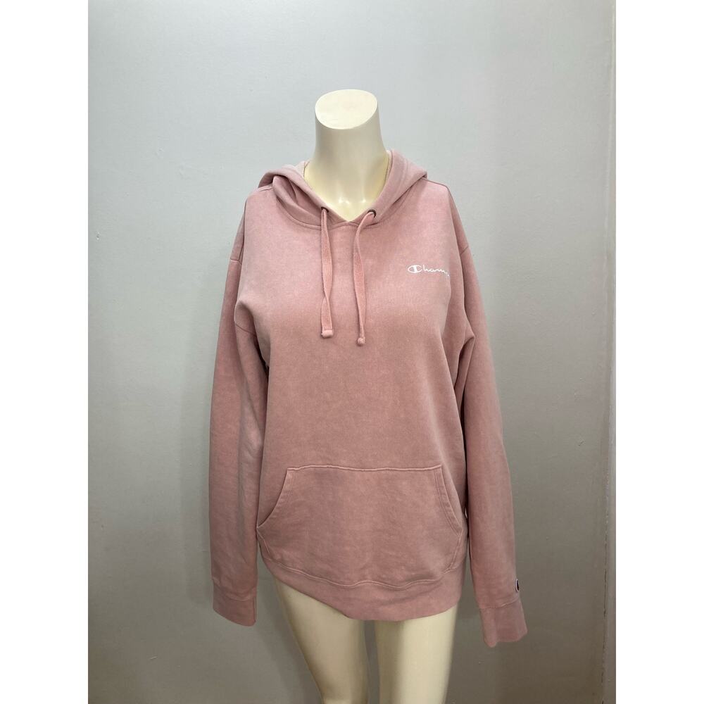 Champion Size Small Pink Acid Wash Hoodie White Logo Women's Pullover Sweater